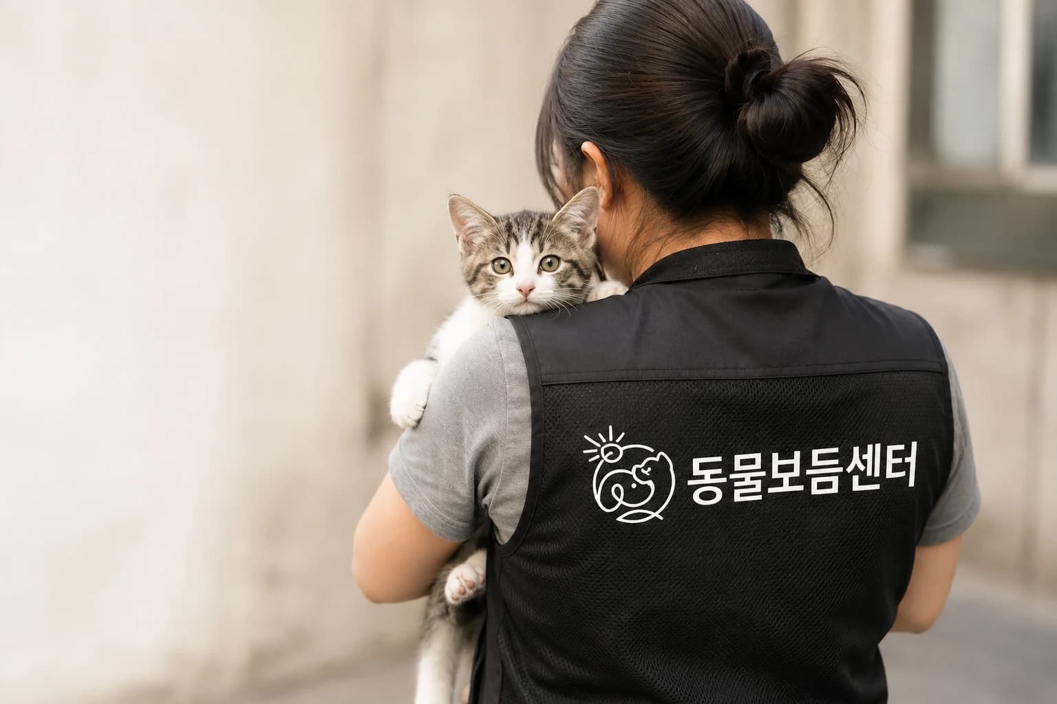 구조사가 구조한 고양이를 품에 안고 있는 모습